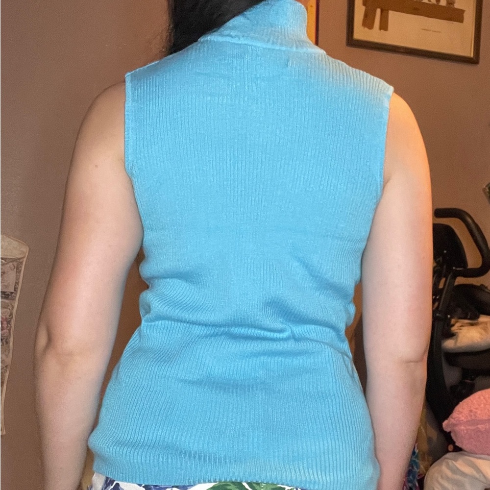 Vintage Y2K Medium Ribbed Knit Teal Turtleneck Sweater Sleeveless Dana Buchman - Picture 9 of 9
